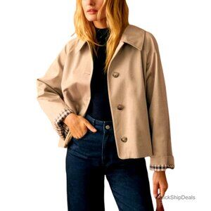 Short Plaid Trench Coat Lapel Button Down Jacket with Pockets